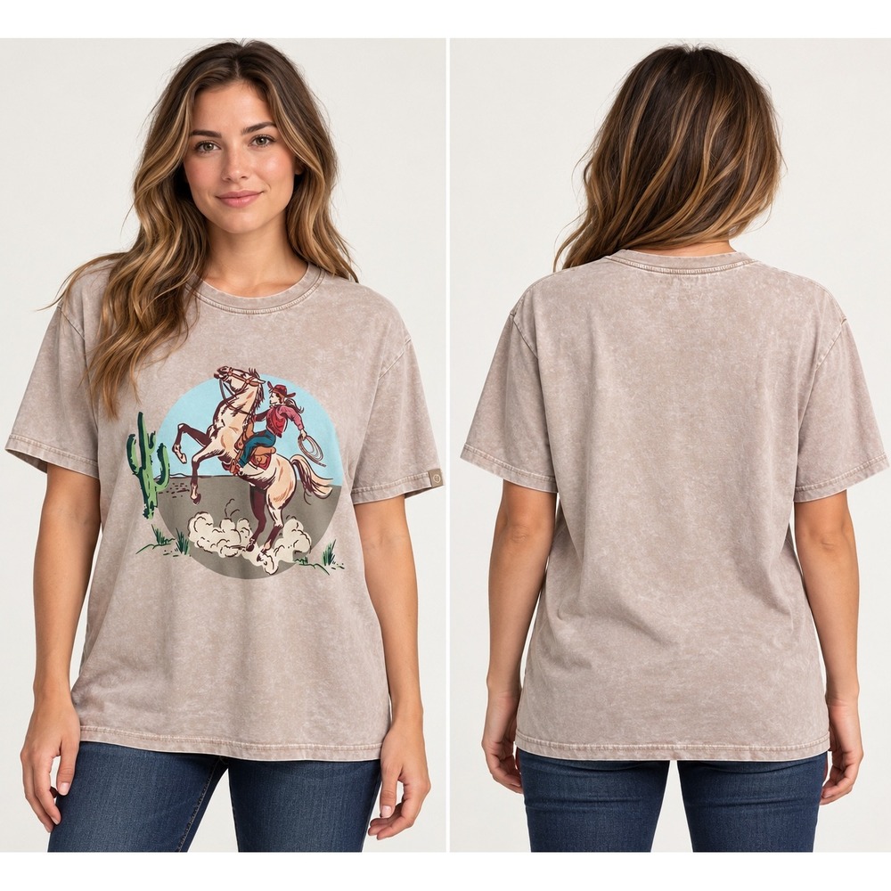 Ariat Ride On SS T-Shirt Womens Medium Brown Mineral Wash Cowgirl Graphic Tee
